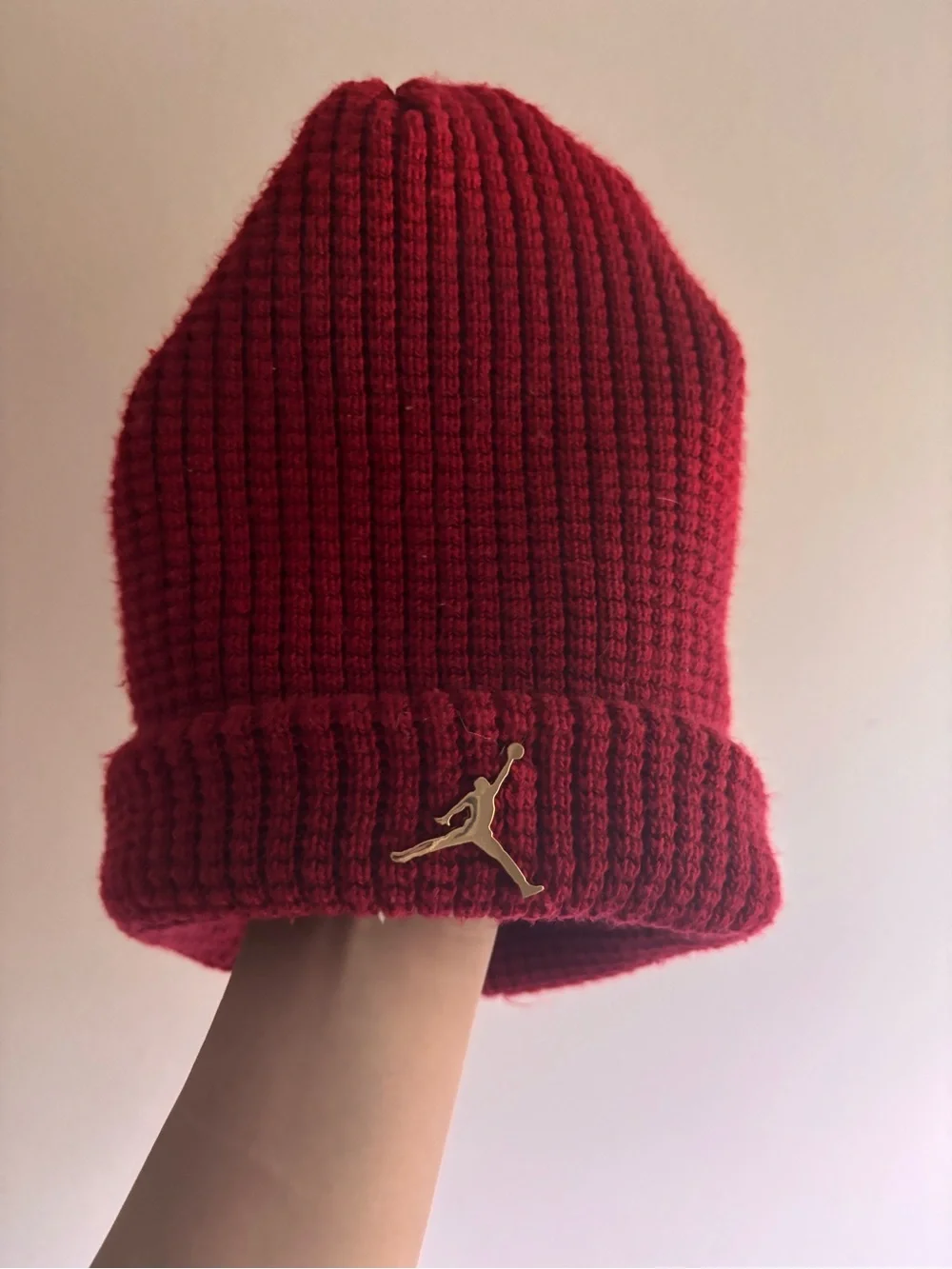 Jordan Red Ribbed Beanie with Gold Decal